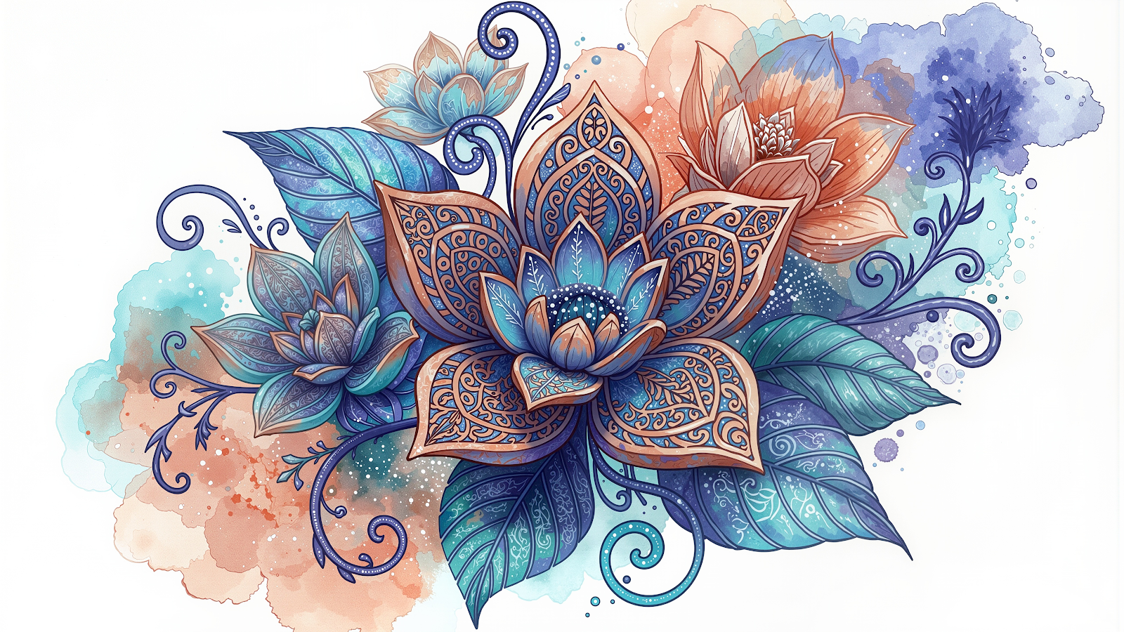 Ornamental floral artwork in full colour, with blue, turquoise and orange petals