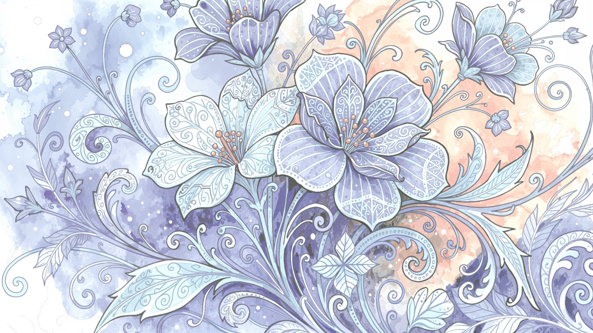 Bloom: ornamental floral artwork in lavender, pale blue and peach