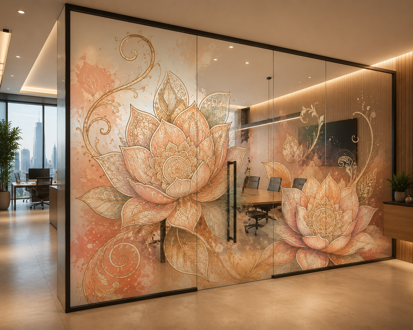 AFFECTUS visual work applied to architectural glass doors in a workplace