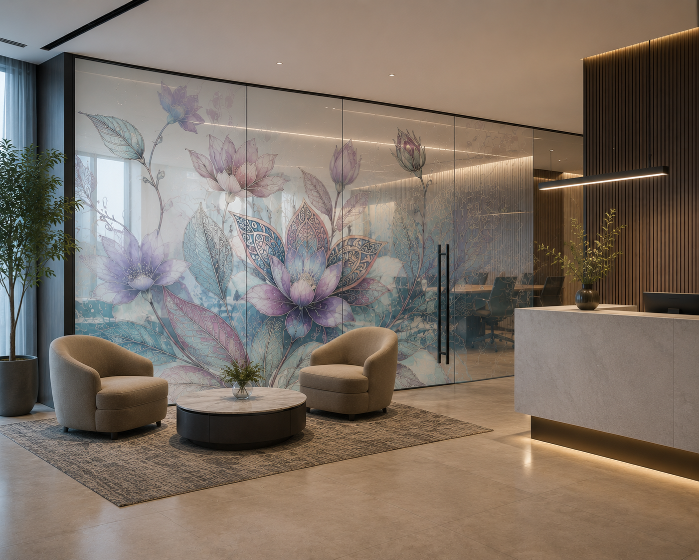 AFFECTUS floral visual asset across a contemporary reception glass wall